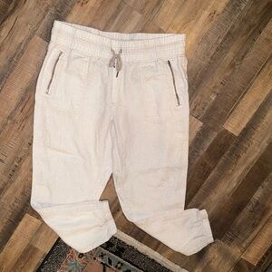 Athleta Leopard Print Ivory Tie Waist 100% Linen Jogger Pants with Pockets 16